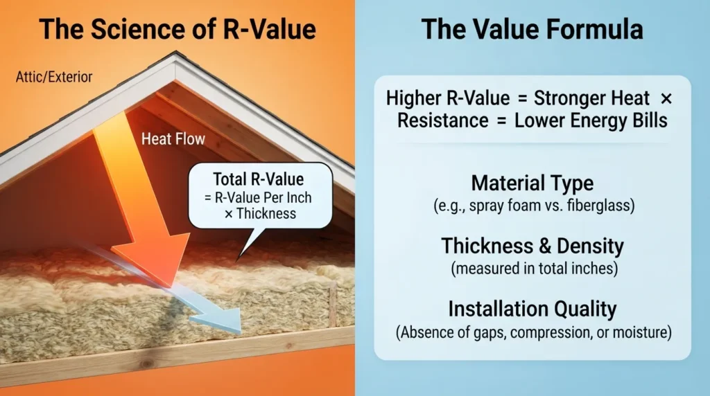 A diagram explaining what R-value means, illustrating how insulation blocks thermal heat transfer between hot outdoor temperatures and cool indoor spaces.