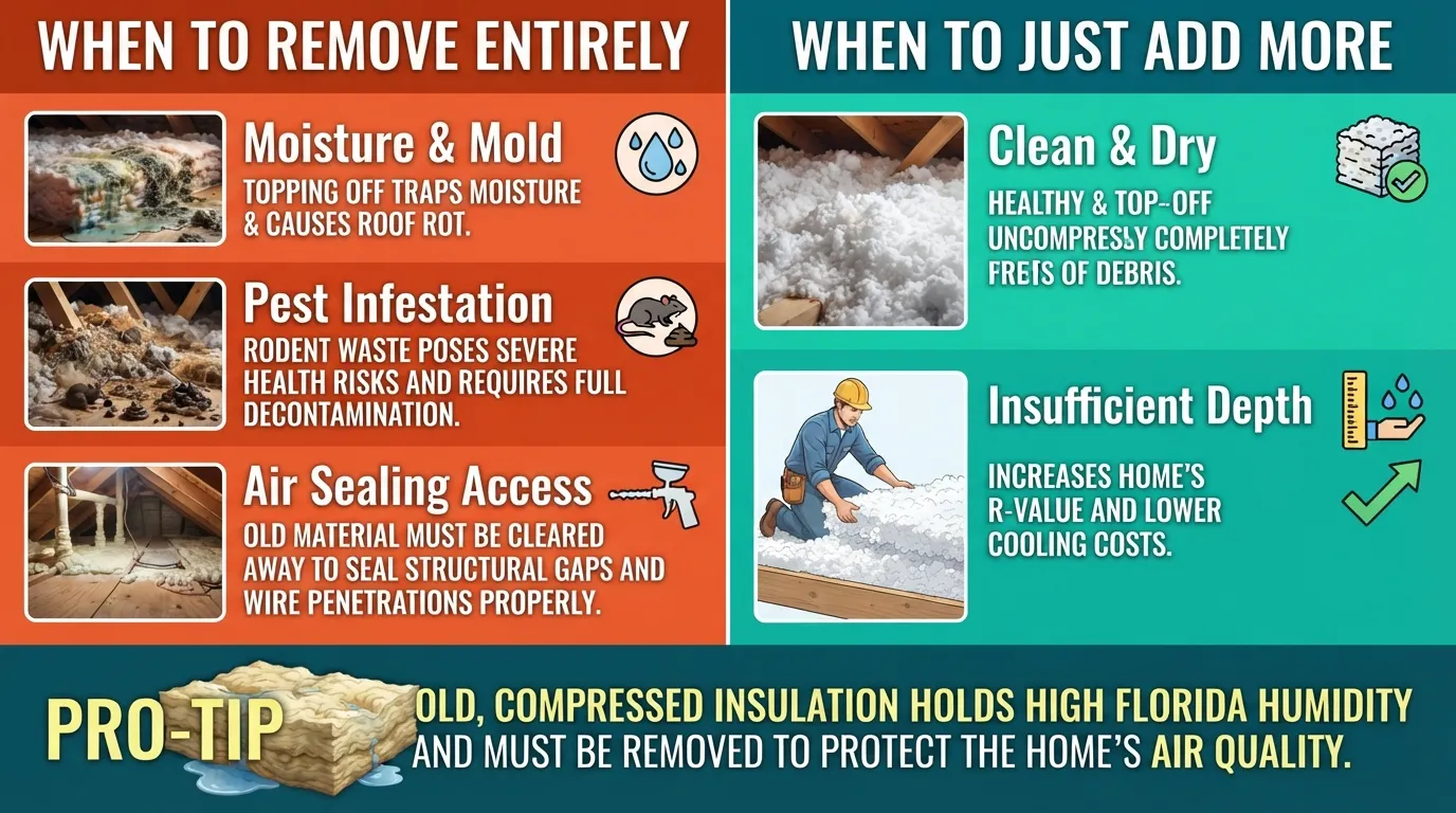 Side-by-side infographic comparing when to completely remove old attic insulation due to mold, pests, or air leaks versus when to simply add more insulation over clean, existing material.