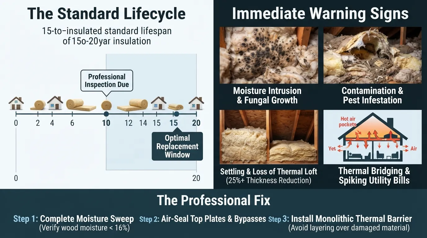 A detailed infographic checklist detailing when to replace attic insulation, contrasting a healthy, high-loft insulation layer against four common signs of insulation damage including mold, pest activity, compressed sagging, and uneven home temperatures.