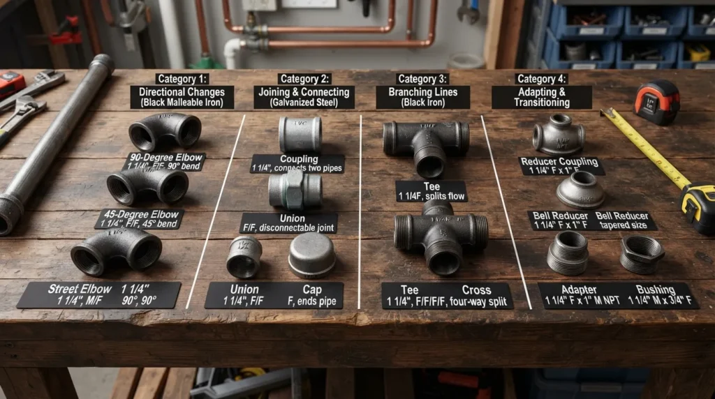 Different 1 1/4 pipe fittings including elbows, tees, couplings, adapters, reducers, and connectors, with size and use comparisons
