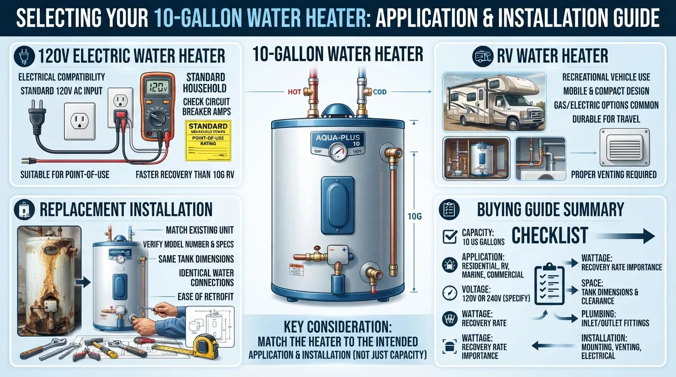 Visual comparison of a 10 gallon water heater showing 120V electric, RV, replacement, and buying considerations