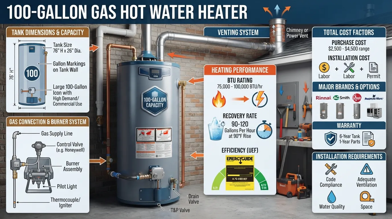 100 gallon gas hot water heater showing tank size, BTU capacity, price factors, major brands, and replacement considerations