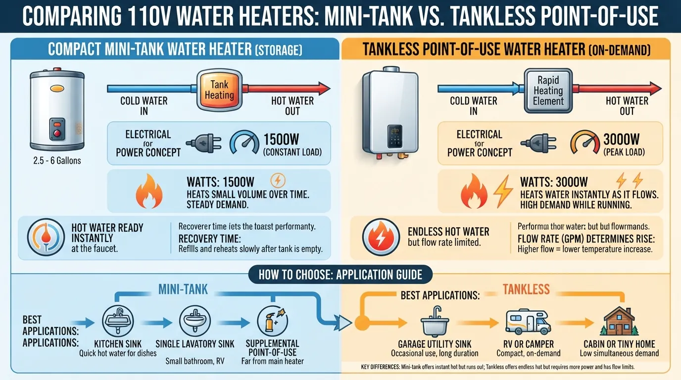 Comparison of 110 volt water heater types showing mini-tank and tankless designs, wattage, water flow, and key factors for choosing the right heater