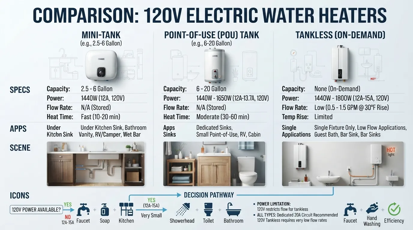 Comparison of 120V electric water heater types, sizes, power requirements, common uses, and selection factors