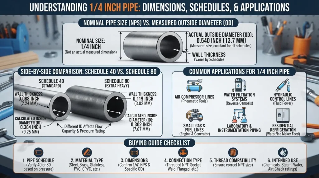 1/4 inch pipe showing actual dimensions, Schedule 40 and Schedule 80 wall thickness differences, common uses, and key buying considerations