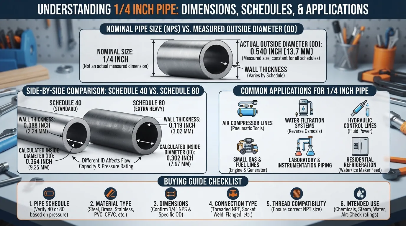 1/4 inch pipe showing actual dimensions, Schedule 40 and Schedule 80 wall thickness differences, common uses, and key buying considerations