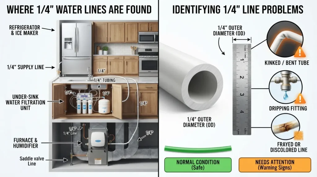 Diagram of a 1/4 inch water line showing its connection to a refrigerator, ice maker, and water filter, with a close-up of the tubing size and a warning icon indicating signs of wear