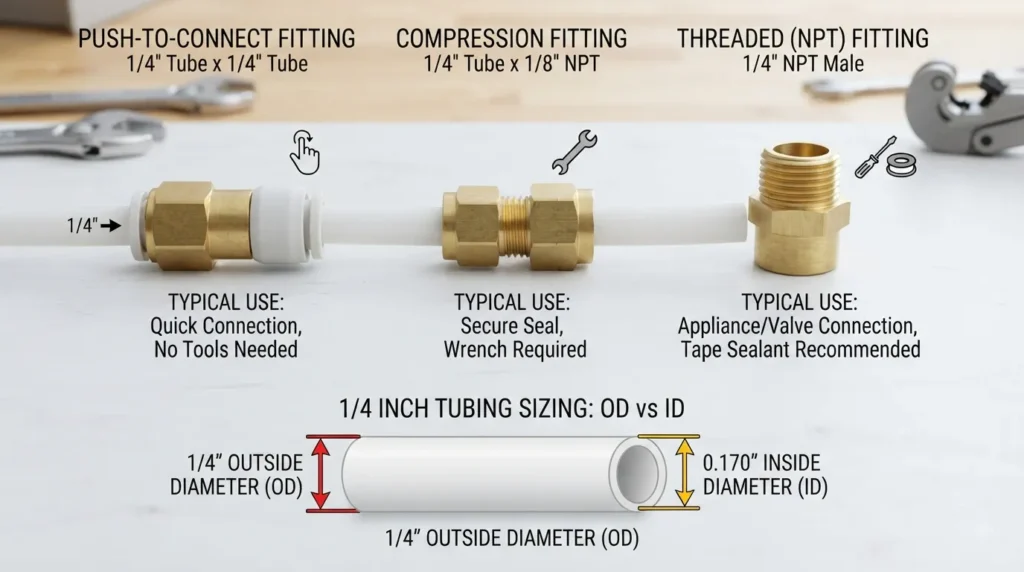 Comparison chart showing 1/4 inch water line fitting sizes and types, including push-to-connect, compression, and threaded fittings with tubing diameter labels