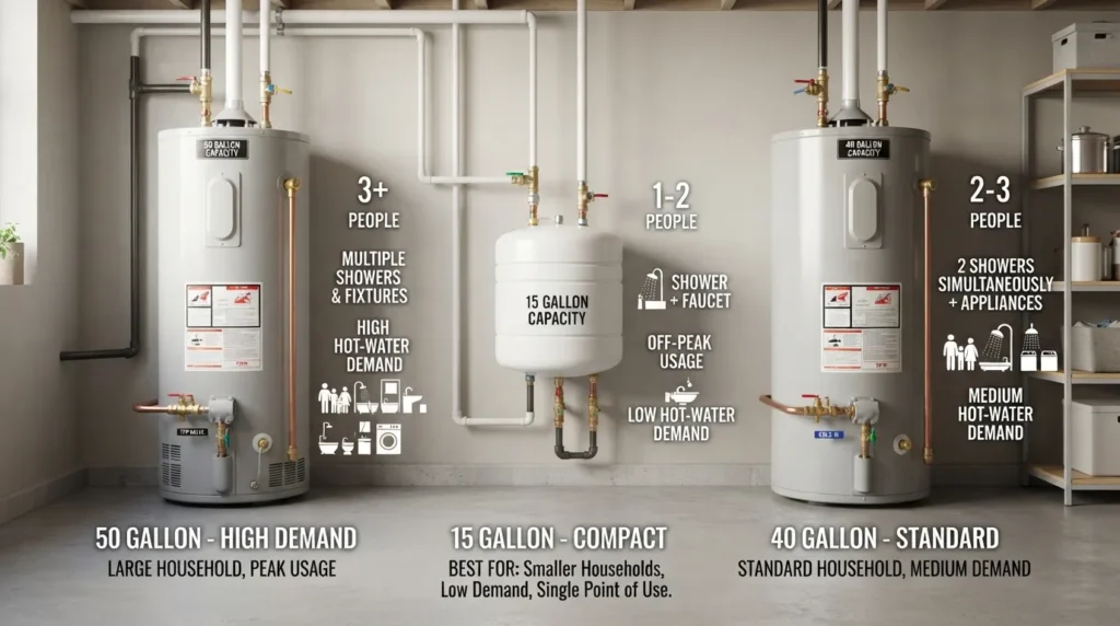 15 gallon water heater size comparison showing its tank capacity and suitability for a small home or household