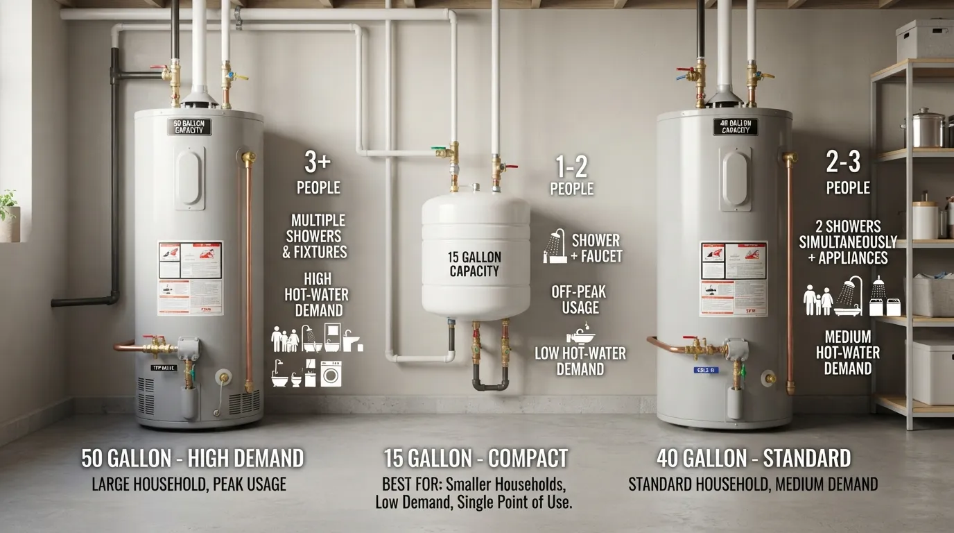 15 gallon water heater size comparison showing its tank capacity and suitability for a small home or household