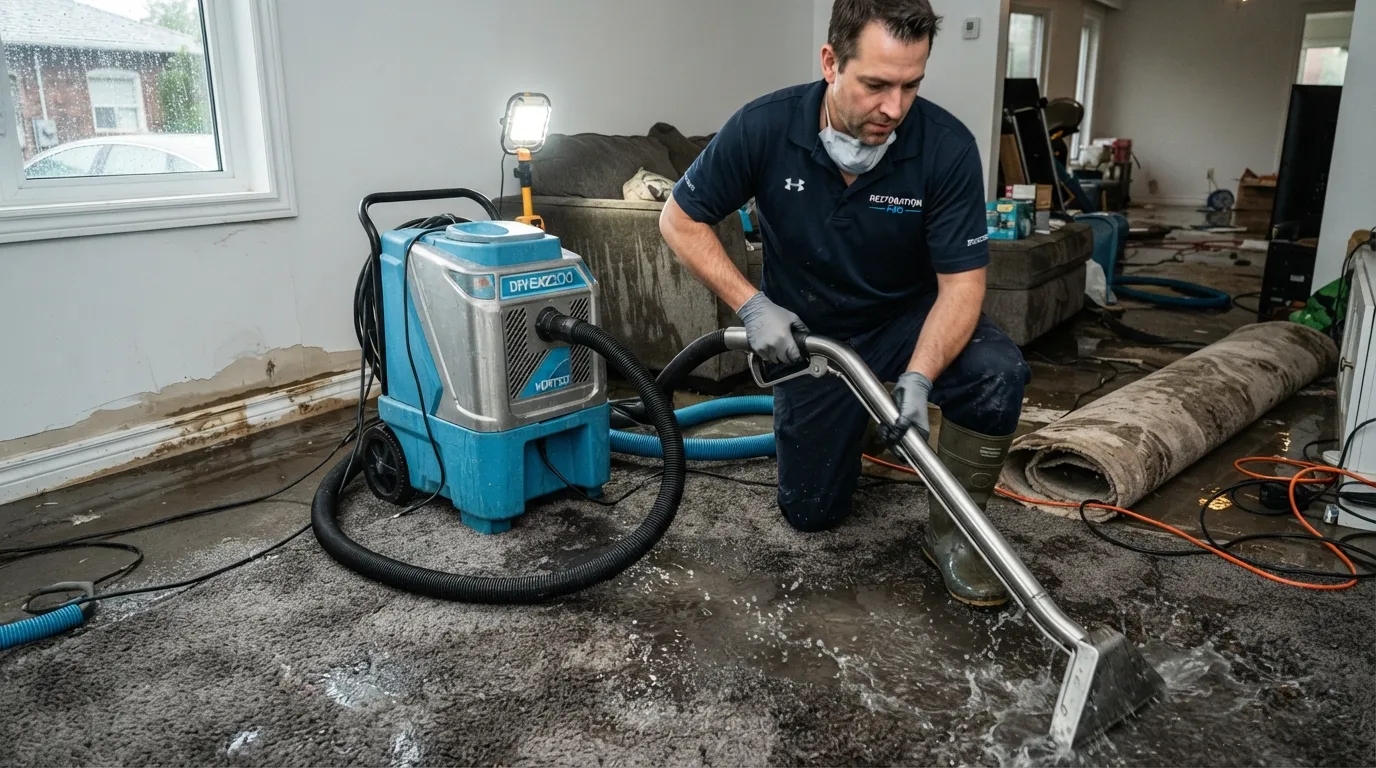 Technician using a professional water extraction machine to remove standing floodwater from a residential floor during a 24 hour emergency water removal service