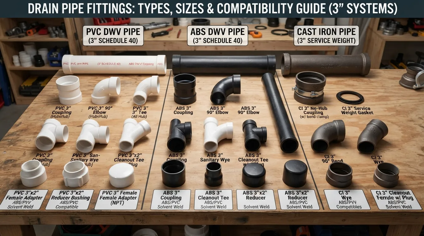 Real photo showing different 3 inch drain pipe fittings, pipe sizes, connection types, and compatible fitting options for choosing the correct drain fitting.