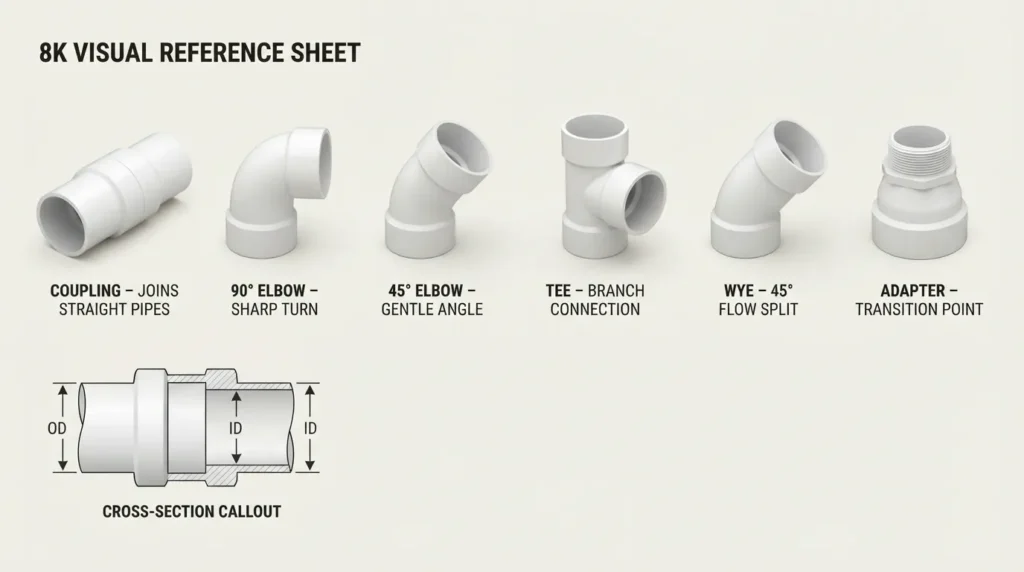 Labeled diagram of different 3 inch pipe fittings including coupling, elbow, tee, wye, and adapter with size measurements shown
