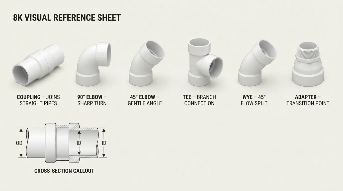 Labeled diagram of different 3 inch pipe fittings including coupling, elbow, tee, wye, and adapter with size measurements shown