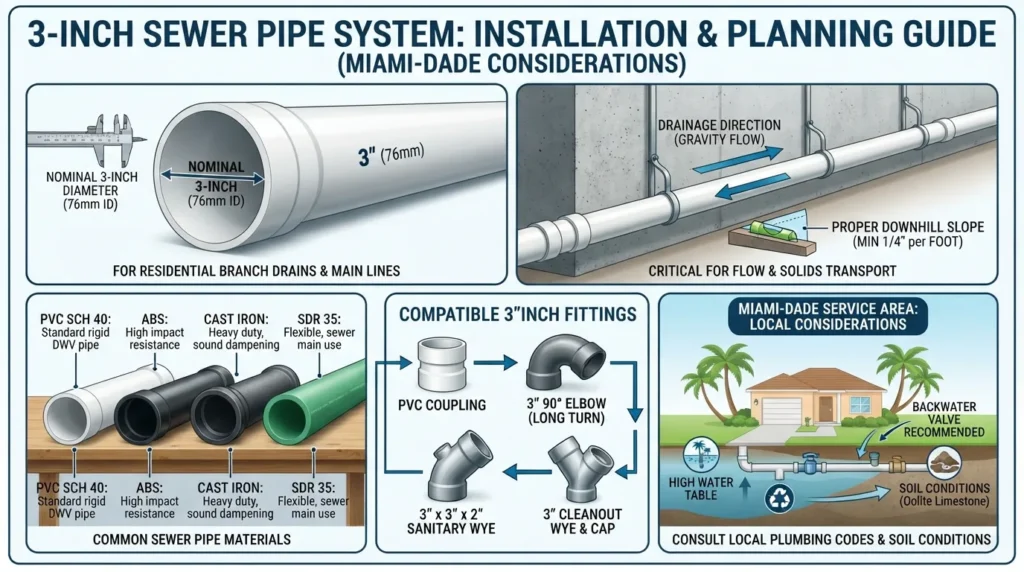Visual guide showing a 3 inch sewer pipe with pipe size, proper slope, common pipe types, fittings, and Miami installation considerations.