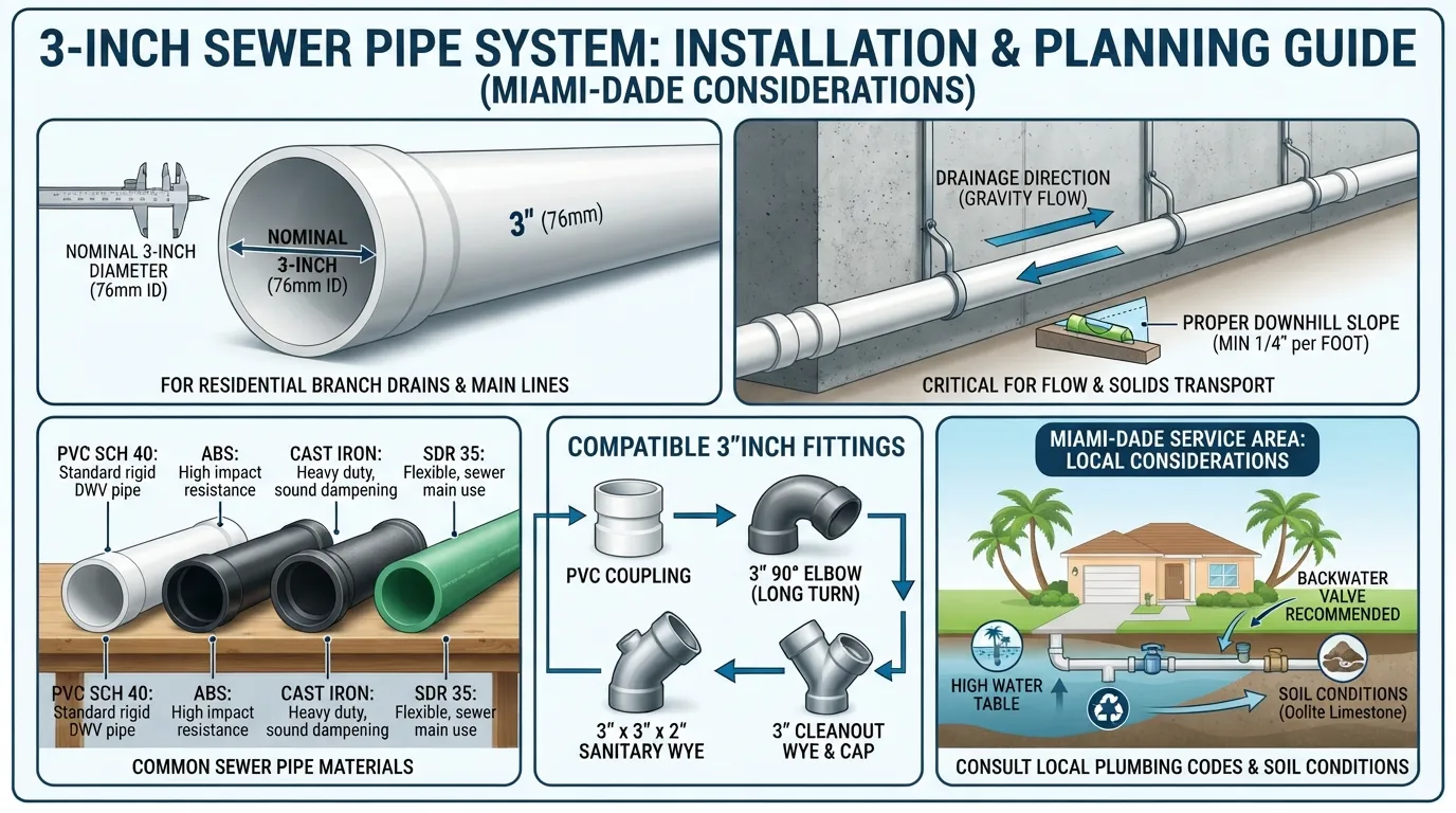 Visual guide showing a 3 inch sewer pipe with pipe size, proper slope, common pipe types, fittings, and Miami installation considerations.
