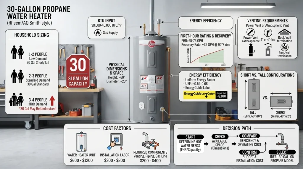 30 gallon propane water heater showing tank size, key specifications, sizing considerations, cost factors, and model selection