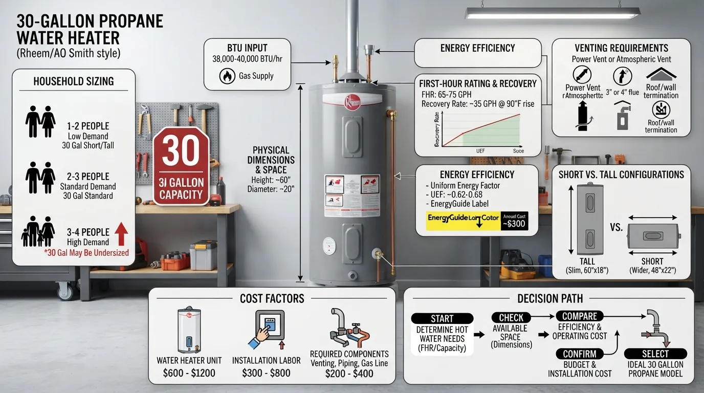 30 gallon propane water heater showing tank size, key specifications, sizing considerations, cost factors, and model selection