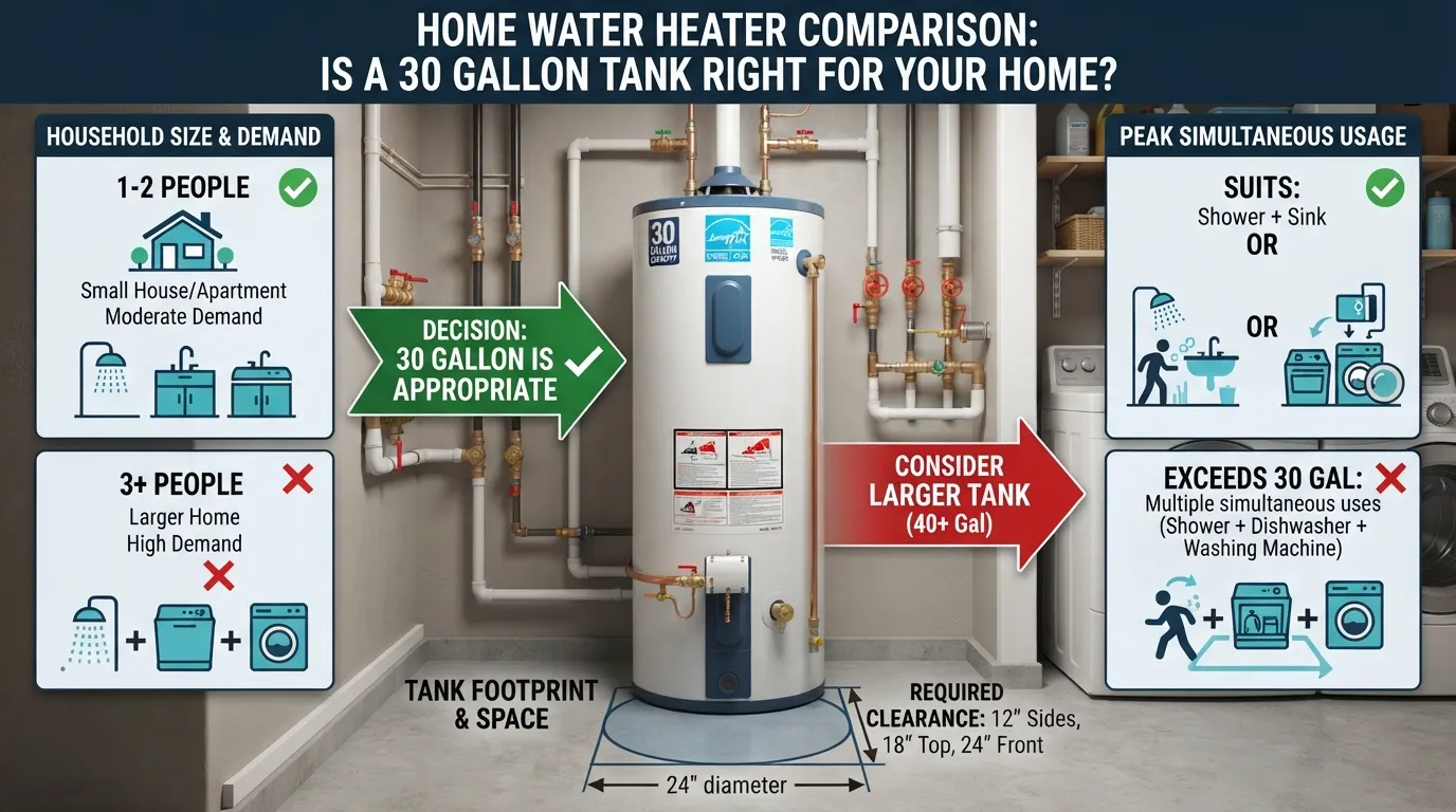 Visual guide showing how to determine whether a 30 gallon water heater is suitable for a home based on household hot water needs, tank capacity, and available space.