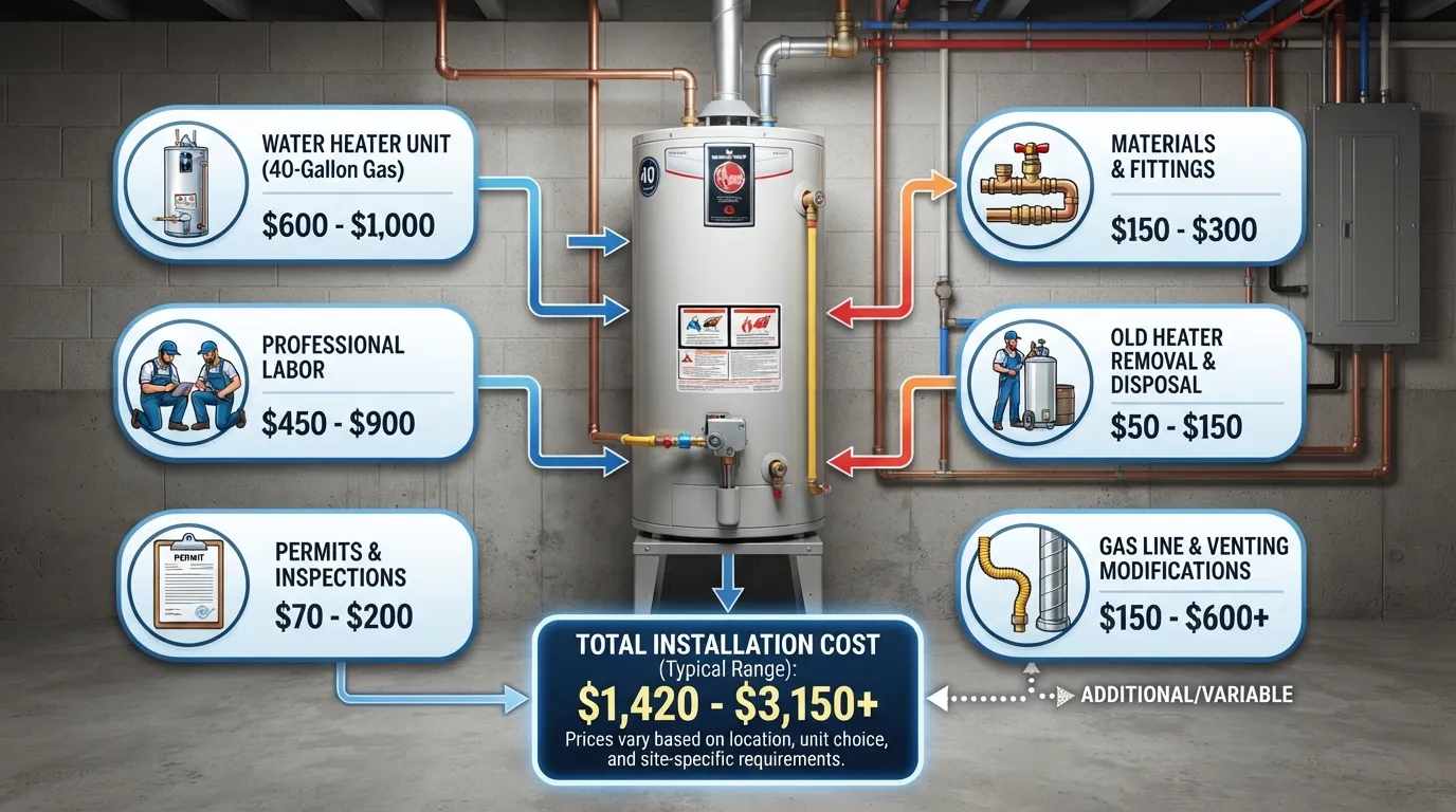 Cost breakdown for installing a 40-gallon gas water heater, including the heater, labor, materials, removal, permits, and potential additional installation work.