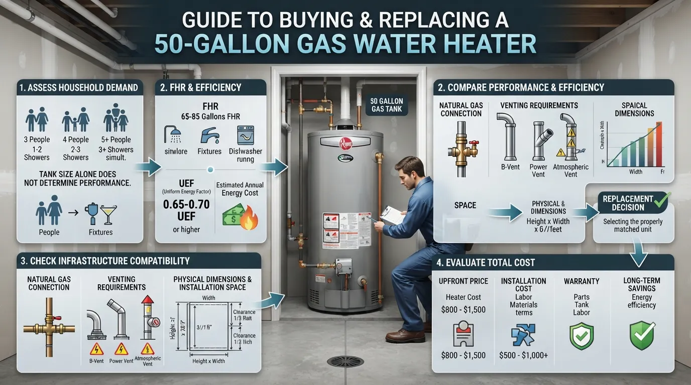 50 gallon gas water heater showing tank size, first-hour rating, efficiency, installation requirements, and replacement considerations