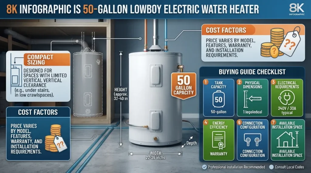 50 gallon lowboy electric water heater showing its compact dimensions, tank capacity, typical cost factors, and key buying considerations