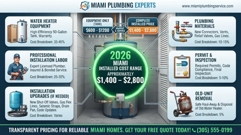 50-gallon water heater replacement cost in Miami showing the typical installed price range and major cost components