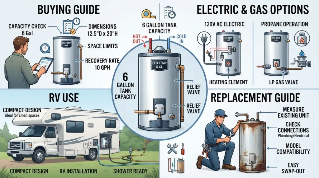 6 gallon water heater guide showing RV, electric, gas, buying, sizing, and replacement considerations