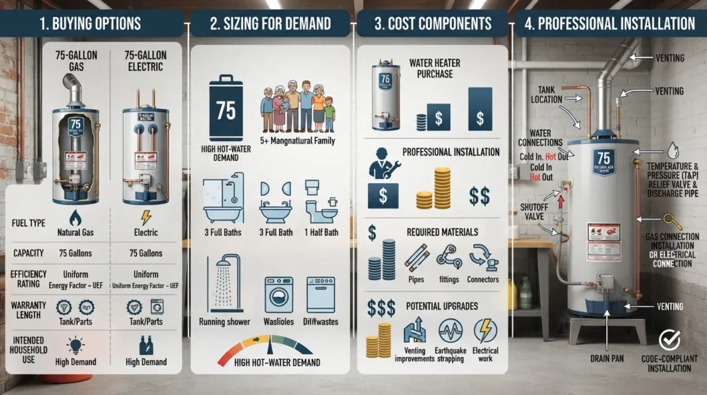 75 gallon water heater buying guide showing proper sizing, typical costs, gas and electric options, and key installation requirements