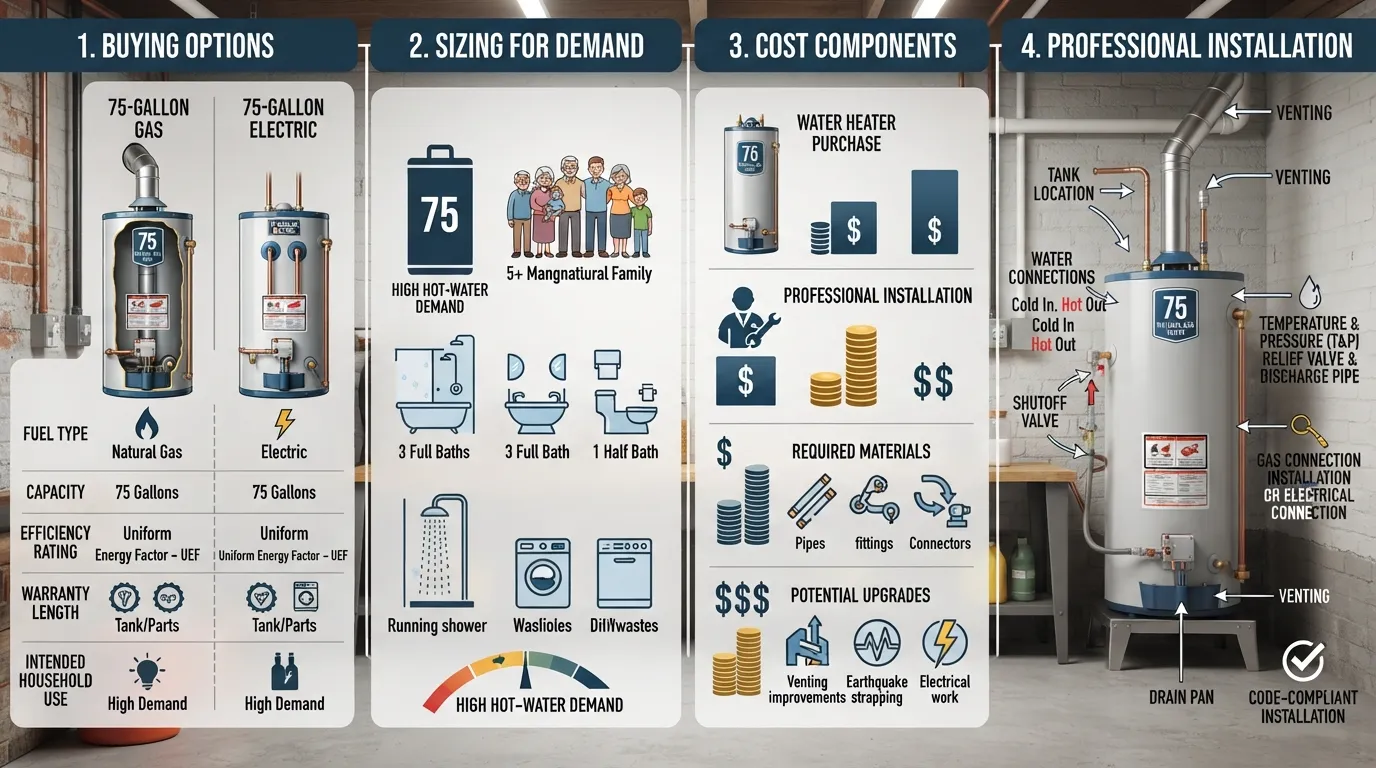 75 gallon water heater buying guide showing proper sizing, typical costs, gas and electric options, and key installation requirements