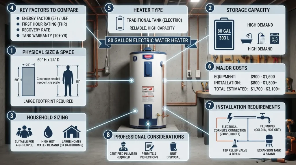 80 gallon water heater showing tank size, household capacity, cost factors, and installation considerations