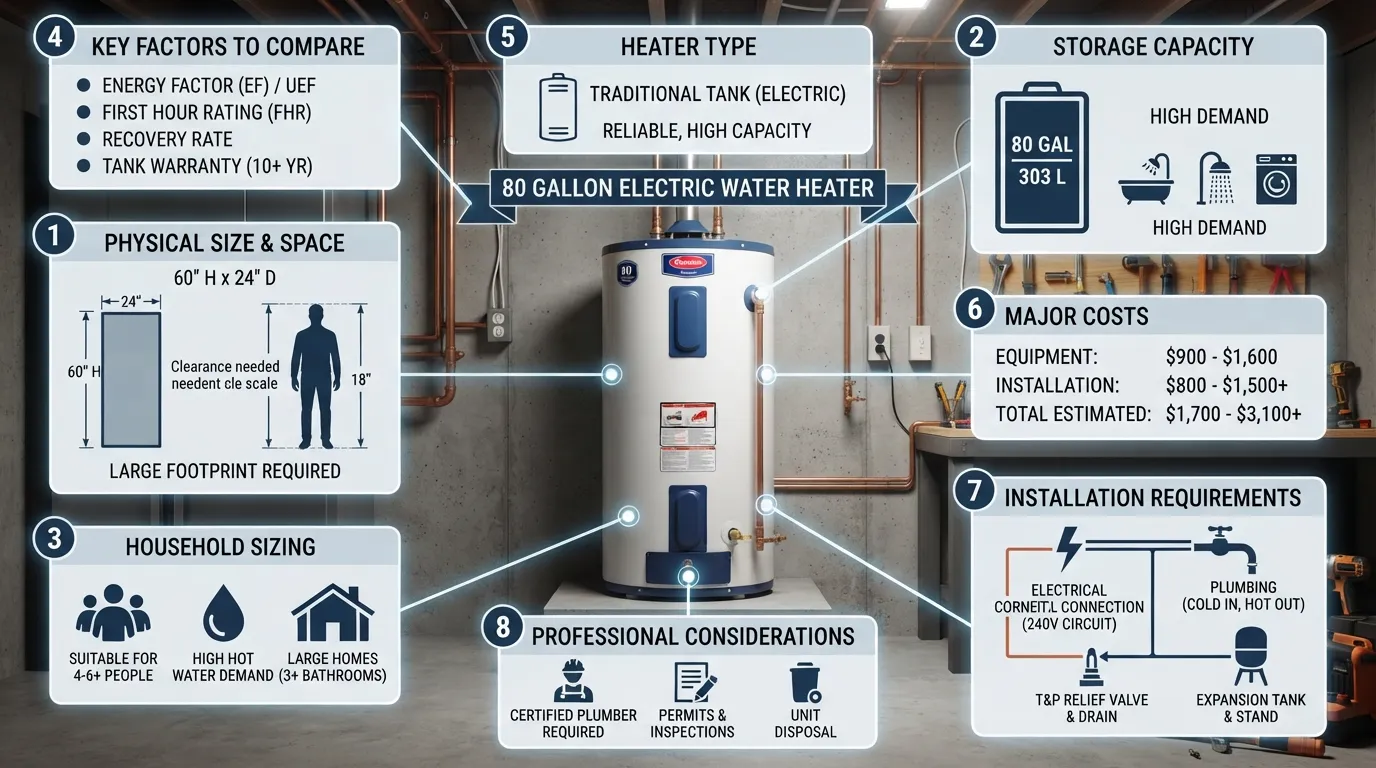 80 gallon water heater showing tank size, household capacity, cost factors, and installation considerations