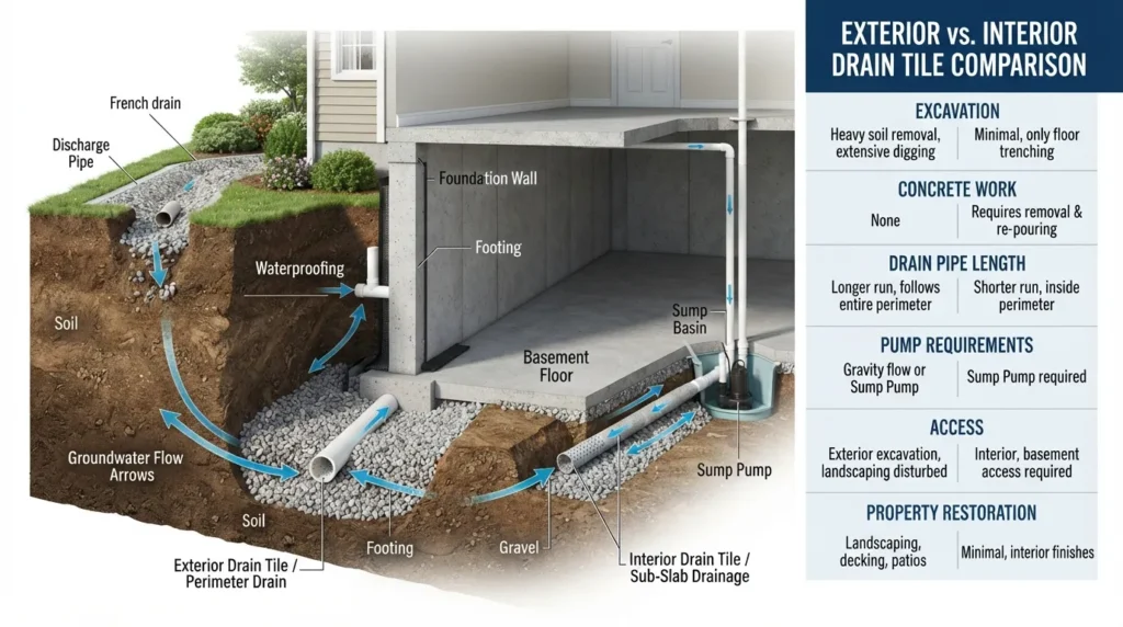 Basement drain tile diagram showing how interior and exterior drain systems collect groundwater, connect to drainage pipes and a sump pump, and differ in installation and cost.