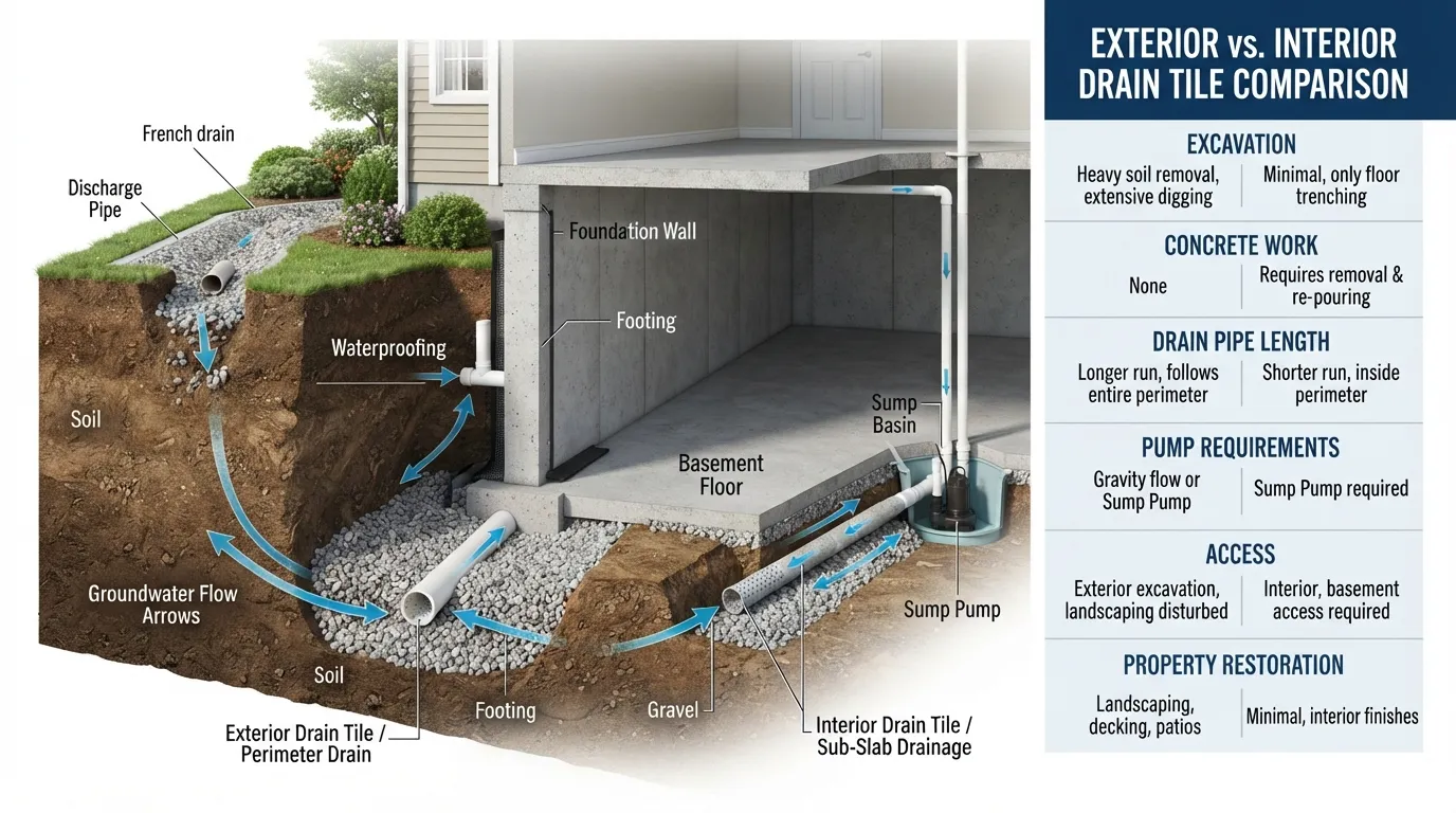 Basement drain tile diagram showing how interior and exterior drain systems collect groundwater, connect to drainage pipes and a sump pump, and differ in installation and cost.