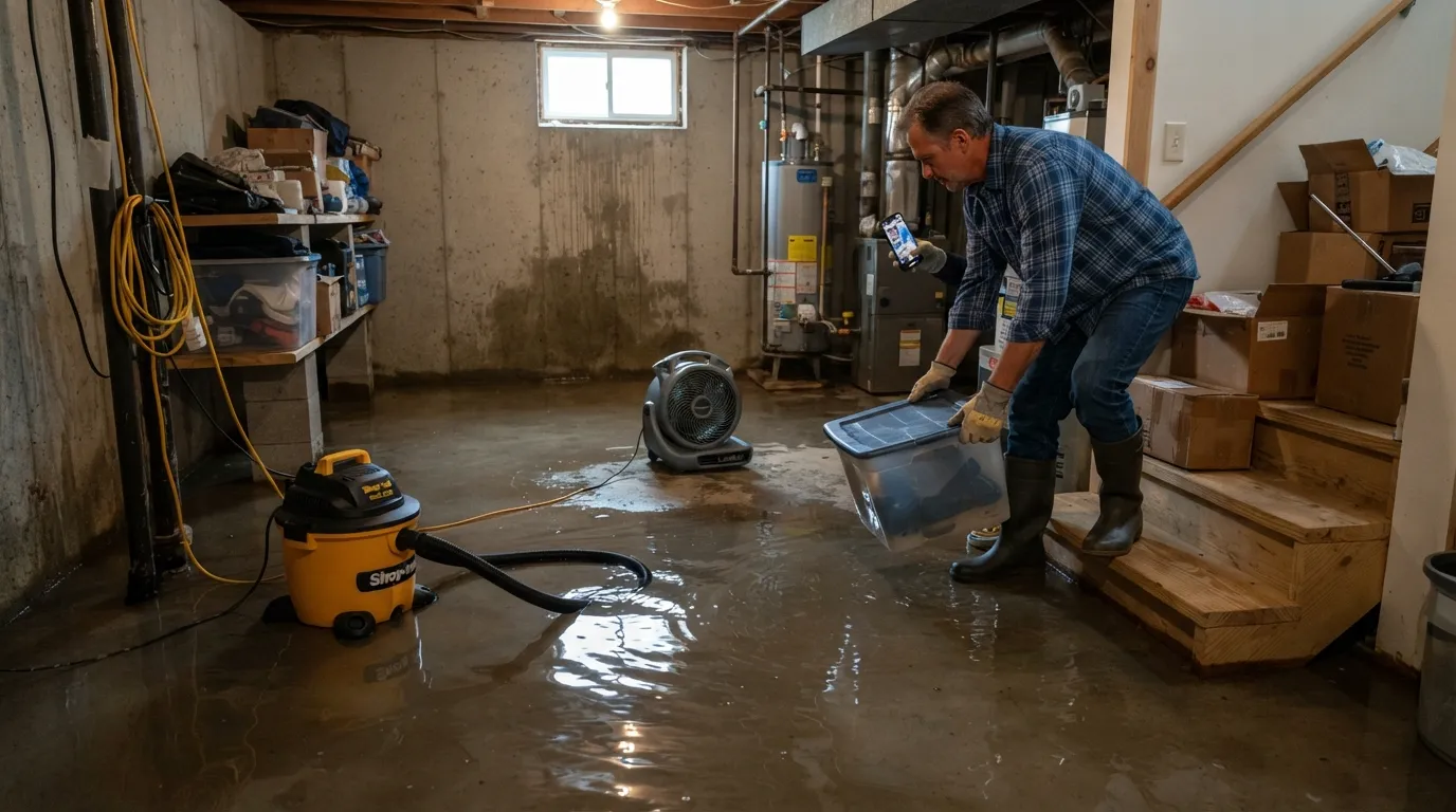 Homeowner assessing standing water in a flooded basement with a wet/dry vacuum and fan nearby, showing emergency basement flood repair in progress
