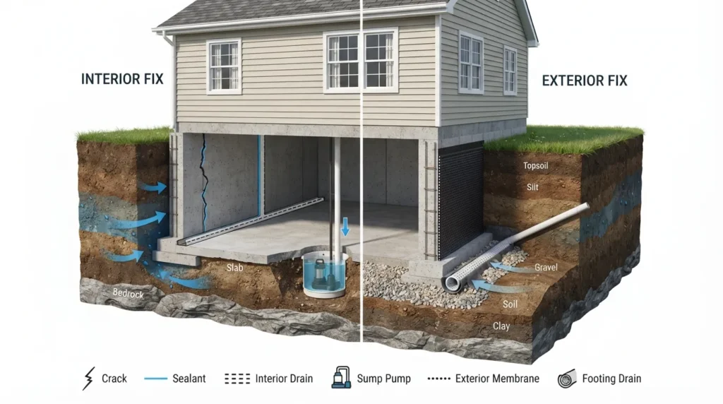Diagram showing basement water leak repair process, including common leak points on foundation walls, interior and exterior fix methods, and drainage solutions