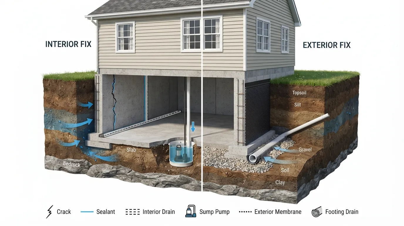 Diagram showing basement water leak repair process, including common leak points on foundation walls, interior and exterior fix methods, and drainage solutions