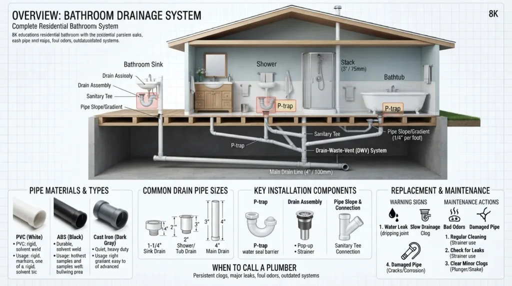 Visual guide showing bathroom drain pipe types, common sizes, installation layout, replacement signs, and maintenance tips for a complete bathroom drainage system