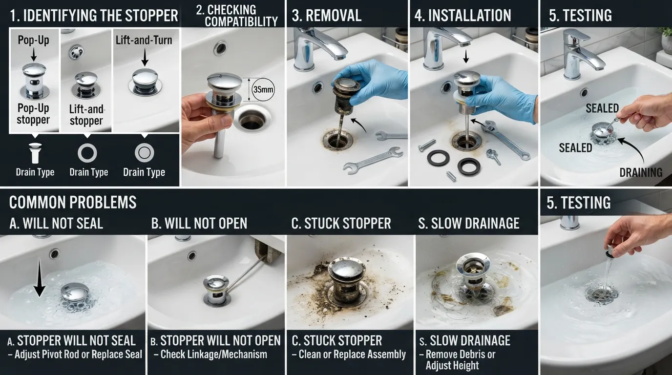 Bathroom drain stopper guide showing how to identify the correct plug, choose a compatible replacement, replace the stopper, and troubleshoot common drain stopper problems.