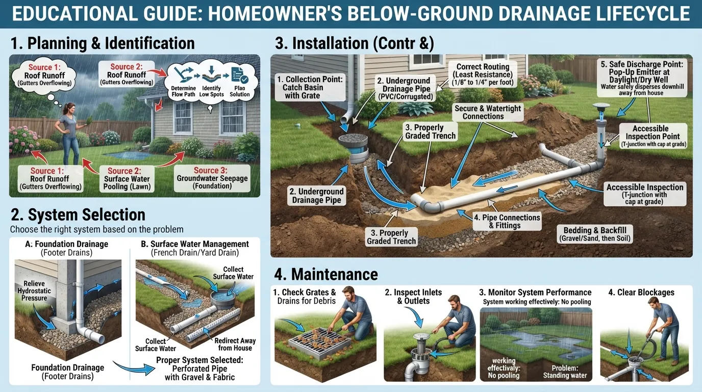 Diagram showing how to choose, install, and maintain a below-ground drainage system, including water collection, buried drain pipes, proper slope, discharge point, and maintenance access.