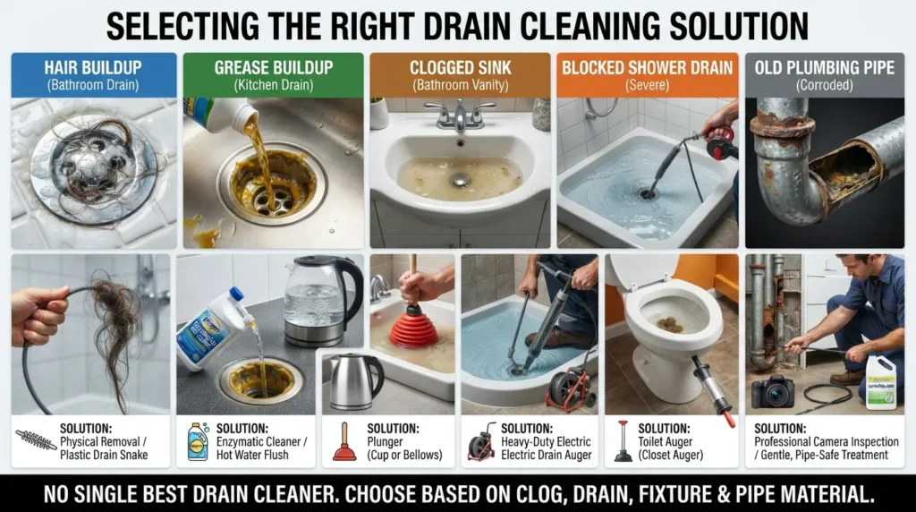 Comparison image showing effective drain-cleaning solutions for hair clogs, grease buildup, sinks, showers, toilets, and old pipes, including mechanical tools and pipe-appropriate cleaning methods.