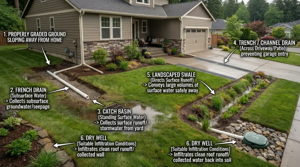 Comparison of home drainage options showing French drains, catch basins, trench drains, swales, grading, and dry wells for different property water problems.