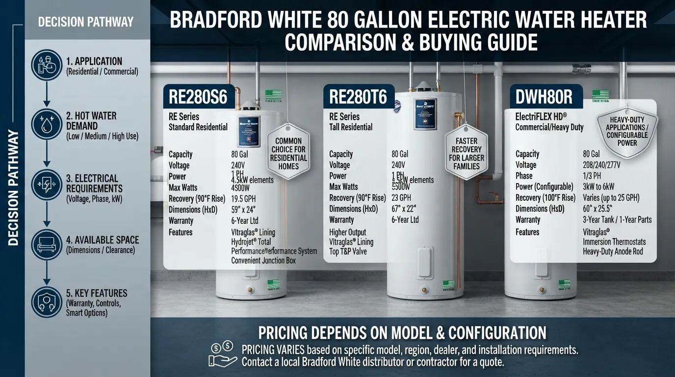 Bradford White 80 gallon electric water heater with model options, key specifications, price factors, and selection criteria