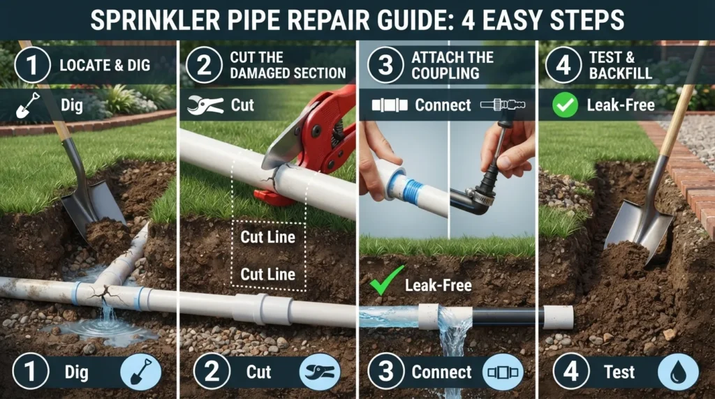 Step-by-step diagram showing how to fix a broken sprinkler pipe, including digging out the damaged section, cutting the pipe, attaching a repair coupling, and testing the connection before backfilling.