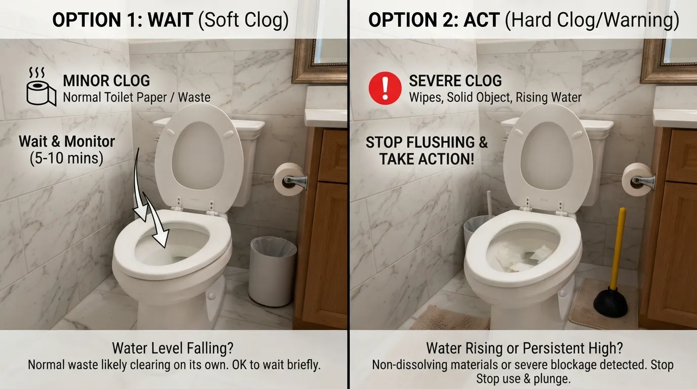 Visual guide showing how to decide whether a clogged toilet may unclog itself or needs action based on the clog type, water level, and drainage symptoms.