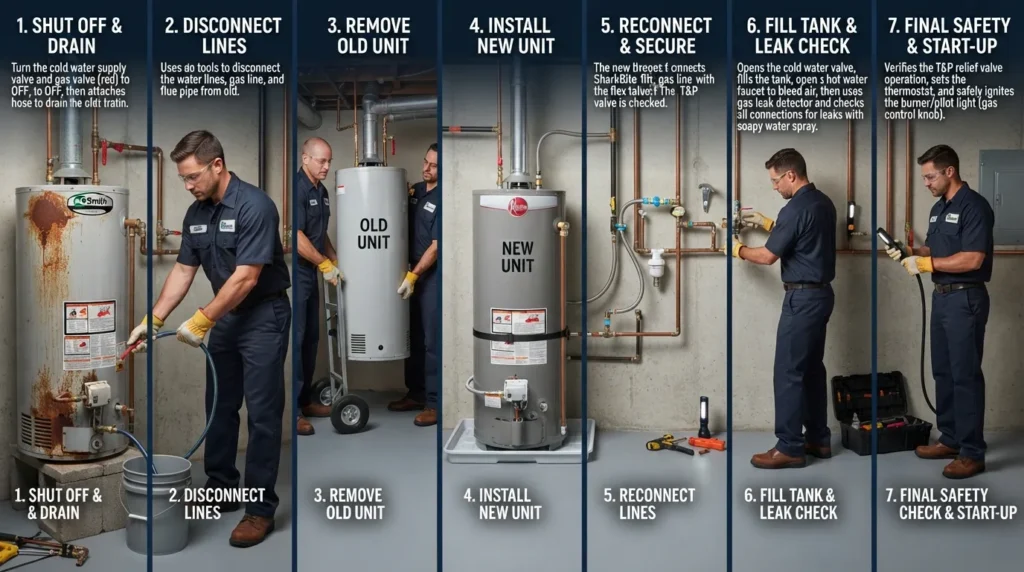 A water heater replacement process showing the old unit being removed, a new water heater installed, connected water and power or gas lines, and final leak and safety checks.
