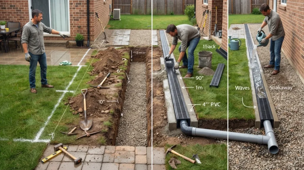 Step-by-step channel drain DIY setup showing planning the drainage route, digging the trench, installing the channel and outlet pipe, securing the drain, and testing water flow.