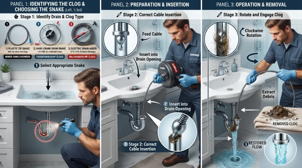 Visual guide showing how to choose the right clog snake for a drain blockage and use the drain snake safely to clear the clog.
