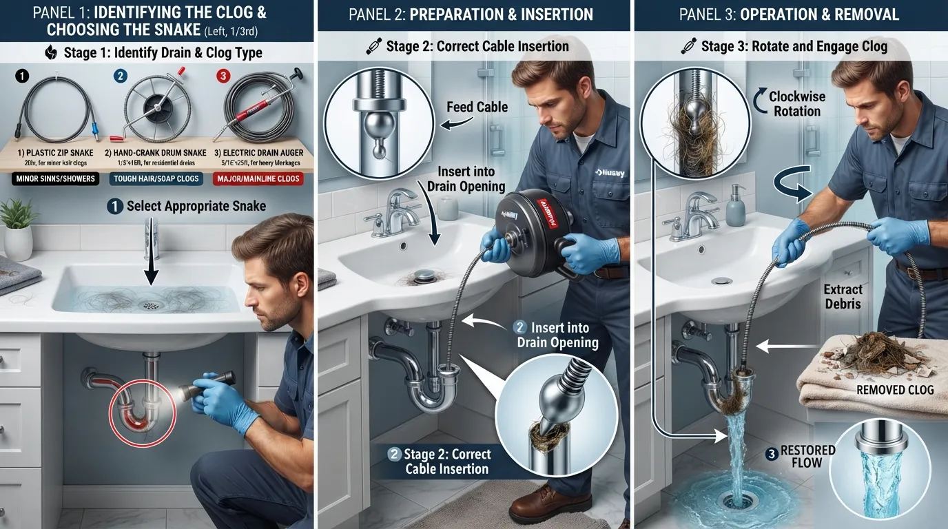 Visual guide showing how to choose the right clog snake for a drain blockage and use the drain snake safely to clear the clog.