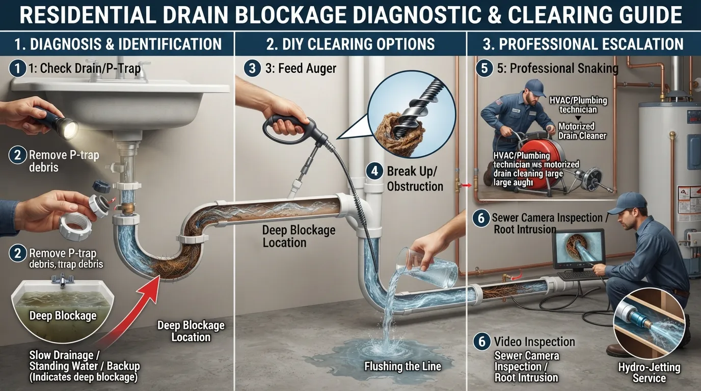 Diagram showing how to diagnose a deep drain blockage by locating the clog beyond the P-trap and clearing it with an appropriate drain snake or professional method.